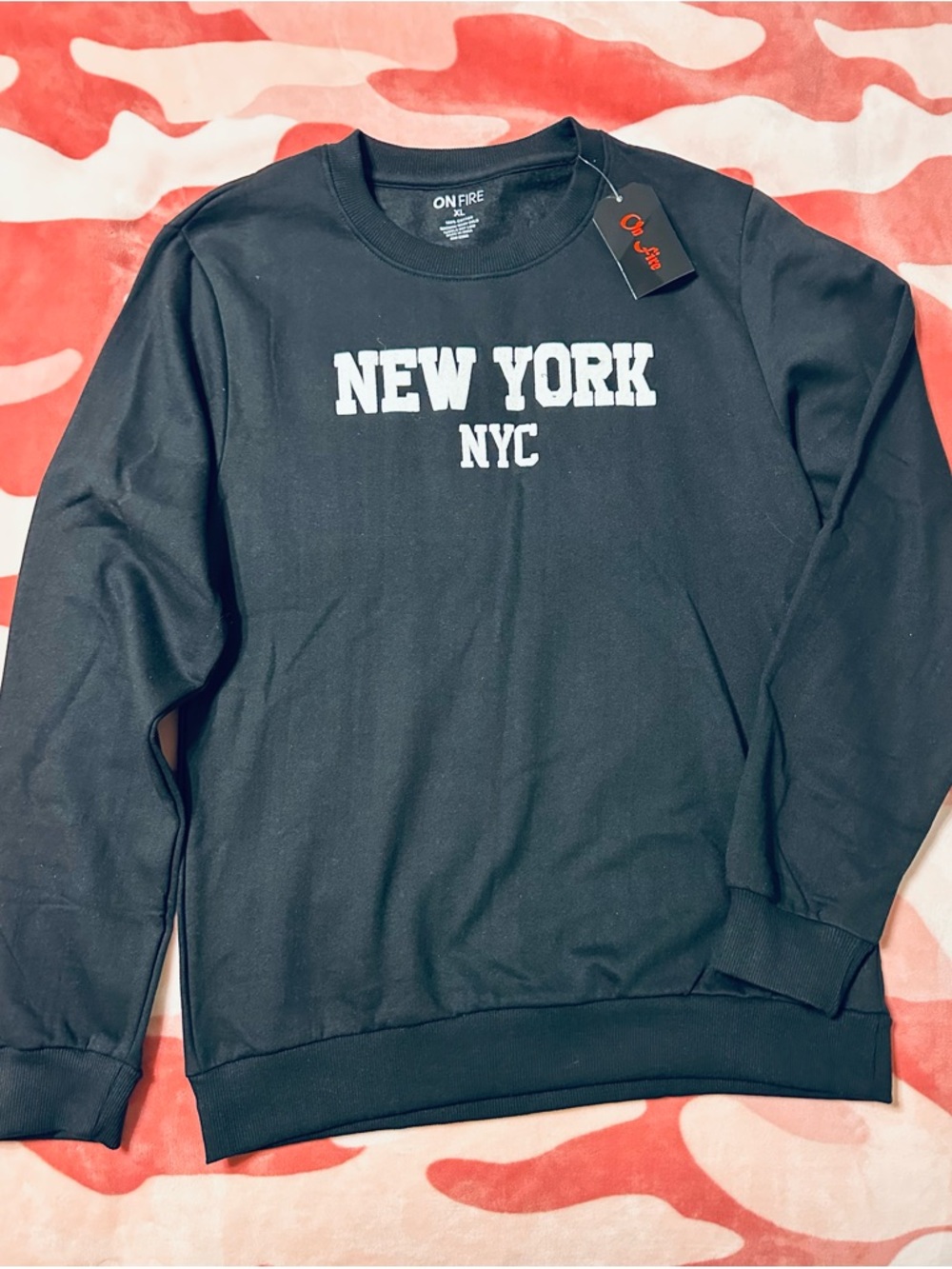 On Fire Black Crewneck Sweatshirt with White "New York NYC" Print